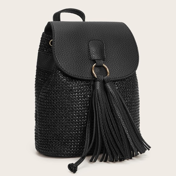 FIONNA Black Straw mini tassel detail Backpack - Picture 5 of 7